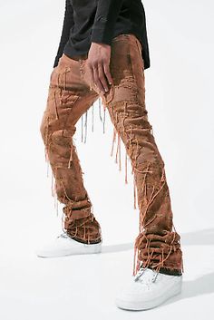 Men JORDAN CRAIG Martin Stacked Jeans  | eBay Fitted Distressed Pants For Fall, Ripped Fitted Pants For Fall, Fitted Ripped Pants For Fall, Fitted Brown Jeans For Streetwear, Distressed Brown Bottoms For Fall, Urban Fitted Distressed Pants, Frayed Hem Pants For Fall Streetwear, Stacked Jeans, Jordan Craig