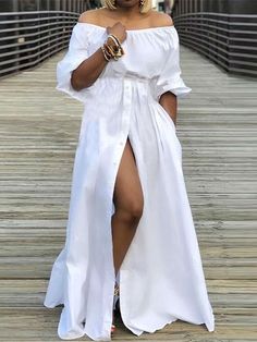 White Sundress Long, High Waist Maxi Dress, Stile Boho Chic, Off Shoulder Long Dress, Long Sundress, Maxi Dresses Fall, Looks Party, Elegant Party Dresses, Split Maxi Dress