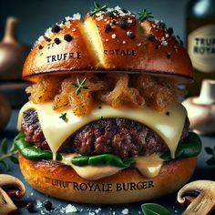 The Truffle Royale Gourmet Burger is the epitome of gourmet indulgence. It features a rich, buttery wagyu beef patty, infused with black truffle oil for an extra layer of luxury. Topped with melted Gruyère cheese, sautéed mushrooms, and sweet caramelized onions, this burger delivers a depth of flavor that’s unparalleled. Fresh arugula adds a peppery note, while a toasted brioche bun holds it all together, ensuring every bite is as decadent as the last. Wagyu Beef Burger, Truffle Burger, Black Truffle Oil, Burger Bites, Wagyu Burger, Cheddar Burger, Gourmet Burger, Best Burger Recipe, American Burgers