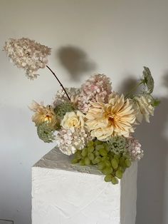 there is a vase with flowers and grapes in it on top of a white block