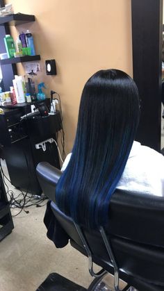 Black Blue Tint Hair, Dark Blue Streaks In Black Hair, Royal Blue Hair Highlights, Black Hair With Dark Blue Highlights, Blue Peak A Boo Hair, Dark Blue Dyed Hair, Blue Black Balayage, Black And Dark Blue Hair