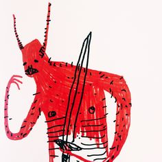 a drawing of a red creature with black lines on it's body and legs