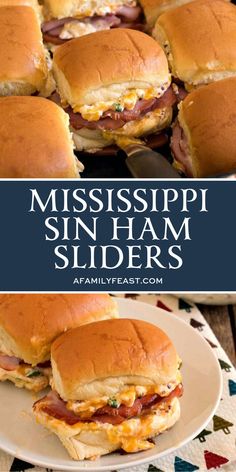 some ham sliders are on a plate with the words mississippin ham sliders