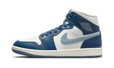 The Women’s Air Jordan 1 Mid "French Blue" is a women’s-exclusive colorway of lifestyle shoe with an appealing color block.  The upper features a Sail (off-white) leather base with French Blue leather overlay panels.  An Ozone Blue leather Swoosh appears on both sides.  A grey “Wings” logo can be found on the collar overlay while a white Jumpman is seen on the grey nylon tongue tag.  Underfoot, a Sail rubber midsole and French Blue outsole complete the clean look.  Release date: August 31, 2023 Jordan 1 Mid Blue, Original Air Jordans, Blue Jordans, Preppy Shoes, Nike Air Jordan 1 Mid, Exclusive Sneakers, Popular Sneakers, Cute Nike Shoes, Nike Dunk High