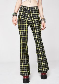 Sugarpuss Retro PLAID FLARE PANTS, Yellow Plaid, Bell Bottom Pants, Plaid, Holiday, Fall Clothing, Retro LookThese super retro Yellow Plaid Mid-Rise Flare Pants have that vintage retro look of the 70s. Just enough of a Bell Bottom to have the retro look, but still able to move around easily. Perfect for the Fall and Holiday Season!Pair it with our Black Crushed Velvet Cropped Mock Turtleneck and go to a Holiday party...Made from 4-way stretch printed lycra blend.ALL SALE ITEMS ARE FINAL. NO RETU Plaid Flare Pants, Fall Clothing, Fashion Revolution, Wildfox Couture, 1970s Fashion, Yellow Plaid, Bell Bottom Pants, Mock Turtleneck, Plaid Pants