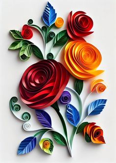 paper flowers are arranged on top of each other, with leaves and swirls in the center