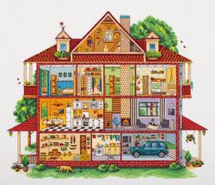 a cross stitch house with many rooms and lots of windows on the top floor is shown