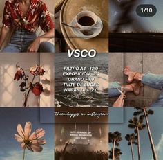 a collage of photos with flowers, coffee and palm trees in the foreground