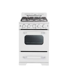 a white stove with two burners and one oven door open, on a white background