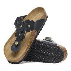 Gizeh Flower Leather Black | BIRKENSTOCK Birkenstock Styles, Black Birkenstock, Two Strap Sandals, Boys Sandals, Men Suede, Platform Clogs, Suede Fashion, Girls Sandals, Leather Shops