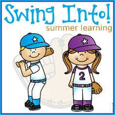 two children wearing baseball uniforms with the words swing into summer learning