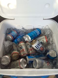 an open cooler filled with lots of different types of cans and cans in ice cubes