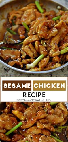 sesame chicken recipe in a pan with spoons on the side and title overlay