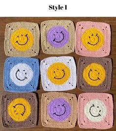 crocheted coasters with smiley faces on them