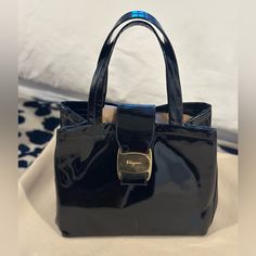 Timeless Vintage Ferragamo Handbag With Short Handle And Comes With Long Removable Strap For Cross Body Wearing. 10” X 8”H X 4.4”W Ferragamo Handbags, Salvatore Ferragamo Bags, Black Patent Leather, Salvatore Ferragamo, Leather Purses, Patent Leather, Bag Lady, Handbags, Shoulder Bag