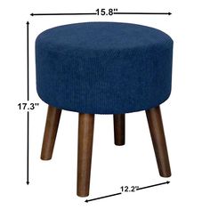 a blue stool with wooden legs and measurements