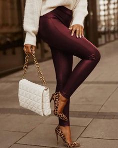 women's faux leather leggings - Women's High Waist Faux Leather Leggings - Trendy Street Style - Wine Red / XL - LOVEMI Faux Leather Trousers, Tight Leather Pants, Edgy Looks, Elegant Pant, Leather Pants Women, Pants Women Fashion, Legging Outfits, High Waist Fashion, Leggings Casual