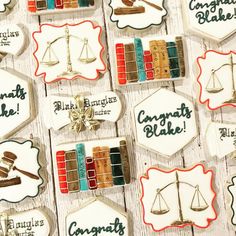 cookies decorated with different types of law related items