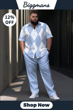 Elevate your professional look with this classic diamond checkered short sleeve shirt and trousers suit. The simple yet elegant design makes it perfect for any formal occasion. Get yours now at a special discount of 12% off. Plus Size Business, Plaid Set, Suit Casual, Shirt Cuff, Cozy Flannel, Casual Suit, Mens Plus Size, Trouser Suits, Business Outfits