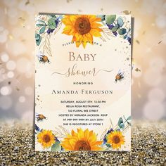 Baby Shower sunflower eucalyptus bees Invitation Sunflower Invitations, Bee Invitations, Budget Baby Shower, Baby On A Budget, Bumble Bee Baby Shower