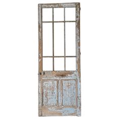 an old wooden door with metal bars on the front and side panels, isolated against a white background