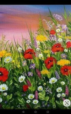 an oil painting of wildflowers and daisies