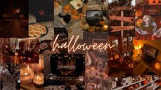 a collage of halloween images with candles and pumpkins in the center, surrounded by other pictures