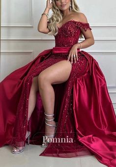 Prom Dress Burgundy, Drop Shoulder Sleeve, Split Prom Dresses, Off Shoulder Design, Formal Prom Dresses Long, Homecoming Formal Dresses, Detachable Skirt, Prom Dress Ideas, Stunning Prom Dresses