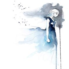 a watercolor painting of a woman in a blue dress