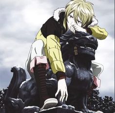 an anime character is sitting on top of a rock