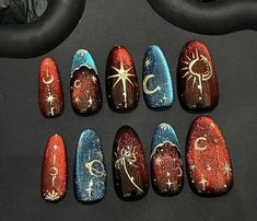 Moon And Stars Manicure, Sun And Stars Nails, Blue Witch Nails, Sun Moon Nail Art, Fall Witch Nails, Vintage Fall Nails, Witchy Gel Nails, Steampunk Nail Art, Sun And Moon Nails Design