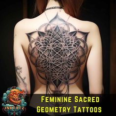 the back of a woman's body with tattoos on it and an image of a flower