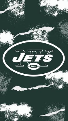 the new york jets logo is shown on a green background with white clouds in the foreground