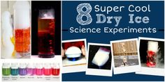 there are 8 different types of ice and science experiments in this collage with text overlay that says, super cool 8 dry ice science experiments