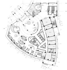 an architectural drawing shows the plan for a building with circular rooms and spiral staircases