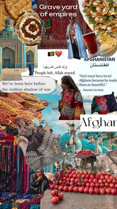 the collage has many different pictures and words on it, including an advertisement for afghan cuisine