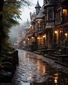 an image of a city street at night with rain falling on the ground and buildings in the background