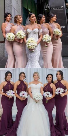 the bride and her bridesmaids posing for pictures in their wedding gowns,