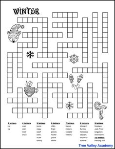 a crossword puzzle with the words winter and other things to see on it, as well