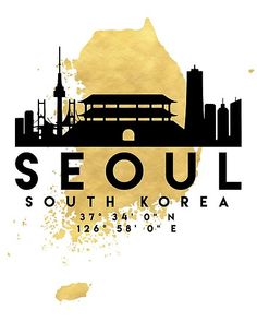 the seoul south korea skyline with gold paint and black ink on white paper poster print