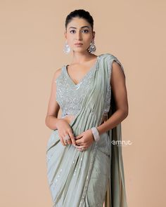 Sage Green Ready to Wear Party  Wear Saree With Stitched Blouse Salwar Kameez Designs Latest, Draped Sarees, Indowestern Gowns, Latest Salwar Kameez Designs, Reception Gowns, Party Wear Gowns, Kameez Designs, Latest Salwar Kameez, Party Wear Saree