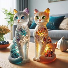 two cat figurines sitting on top of a wooden table next to each other