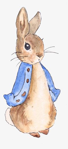 a watercolor painting of a brown rabbit wearing a blue jacket and sitting in front of a white background