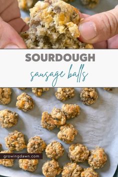 someone is holding some food in their hand with the words sourdough sausage balls above it