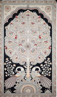 an intricately decorated tree with birds and flowers on black ground, surrounded by ornate designs