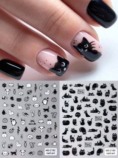 2pcs Black Cat Nail Stickers 3D Cute Cartoon Animal Self-Adhesive Nail Art Decals Sliders Decorations Manicure Accessories DIY Black and White     Geometric Pattern Stickers   Nail,Hand & Foot Care, size features are:Bust: ,Length: ,Sleeve Length: Nail Art Cat, Black Cat Nail Art, Black Cat Nails, Hello Kitty Nails Art, Nail Decals Diy, Mens Nails