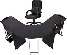 an office desk with black leather chair and privacy screens on the top, in front of a white background