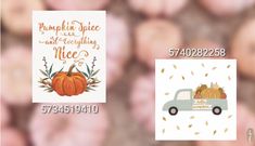 a truck with pumpkins on the back is parked in front of a background of orange and white pumpkins