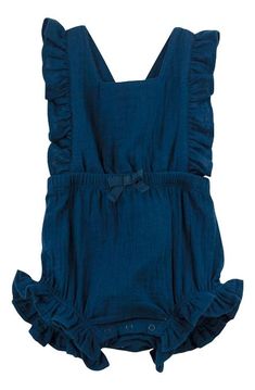 This navy ruffle romper is sure to turn heads. 100% cotton Crinkle gauze fabric Ruffle details Bottom snaps Elastic waist and leg holes Imported Machine washable Gauze Romper, Aunt Life, Aqua Blue Color, Navy Outfit, Chic Baby, Cap And Gown, Baby Style, Cotton Romper, Ruffle Romper