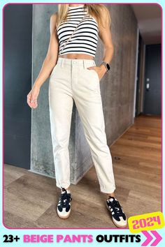 Striped crop top with beige straight-leg pants for a playful, sporty outfit. The fitted top and tailored pants strike a perfect balance between relaxed and trendy, making it great for casual, everyday wear. Sporty Outfit, Pants Outfits, Fitted Top, Striped Crop Top, Sporty Outfits